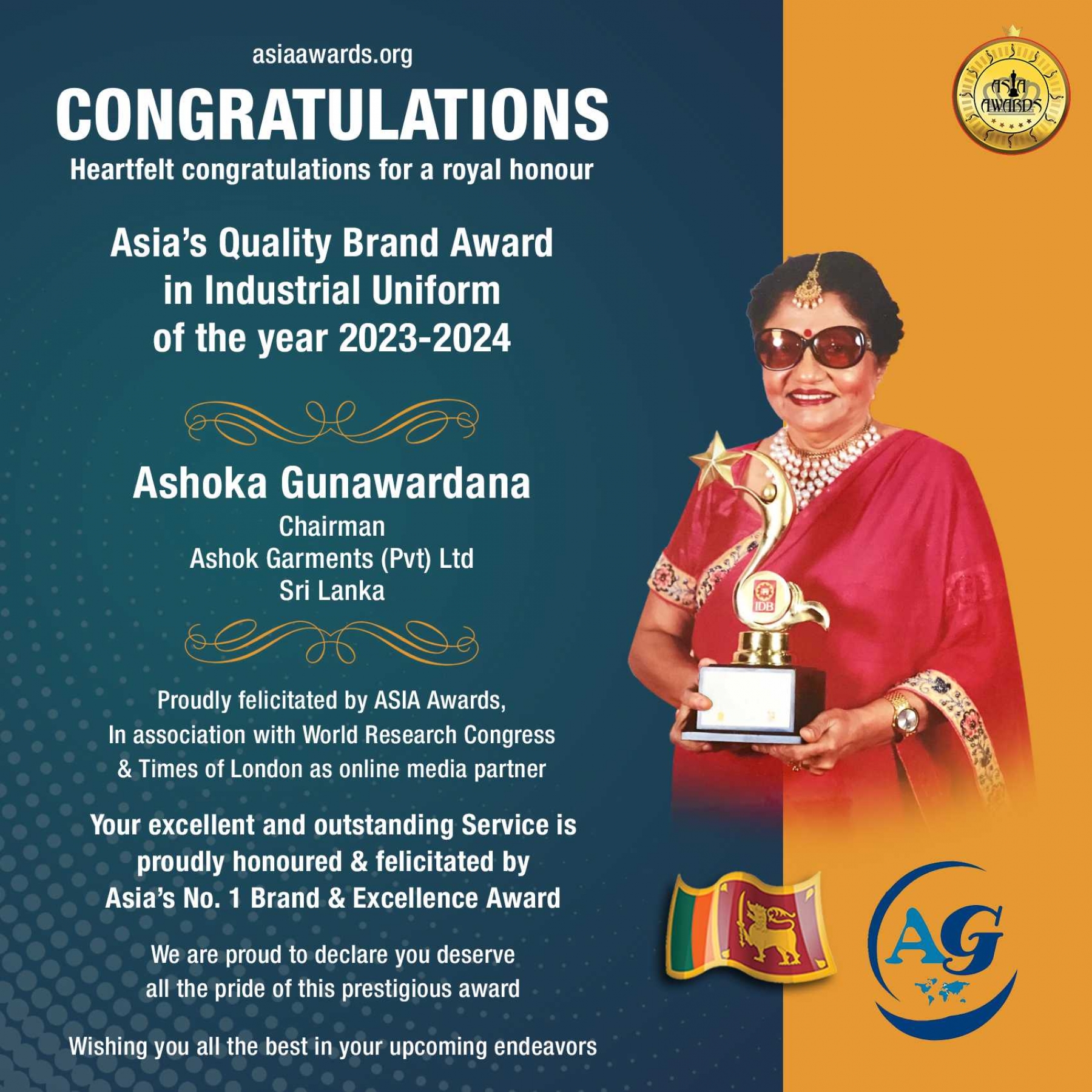 Ashoka Gunawardana Has bagged Asia's Quality Brand Award in Industrial Uniform