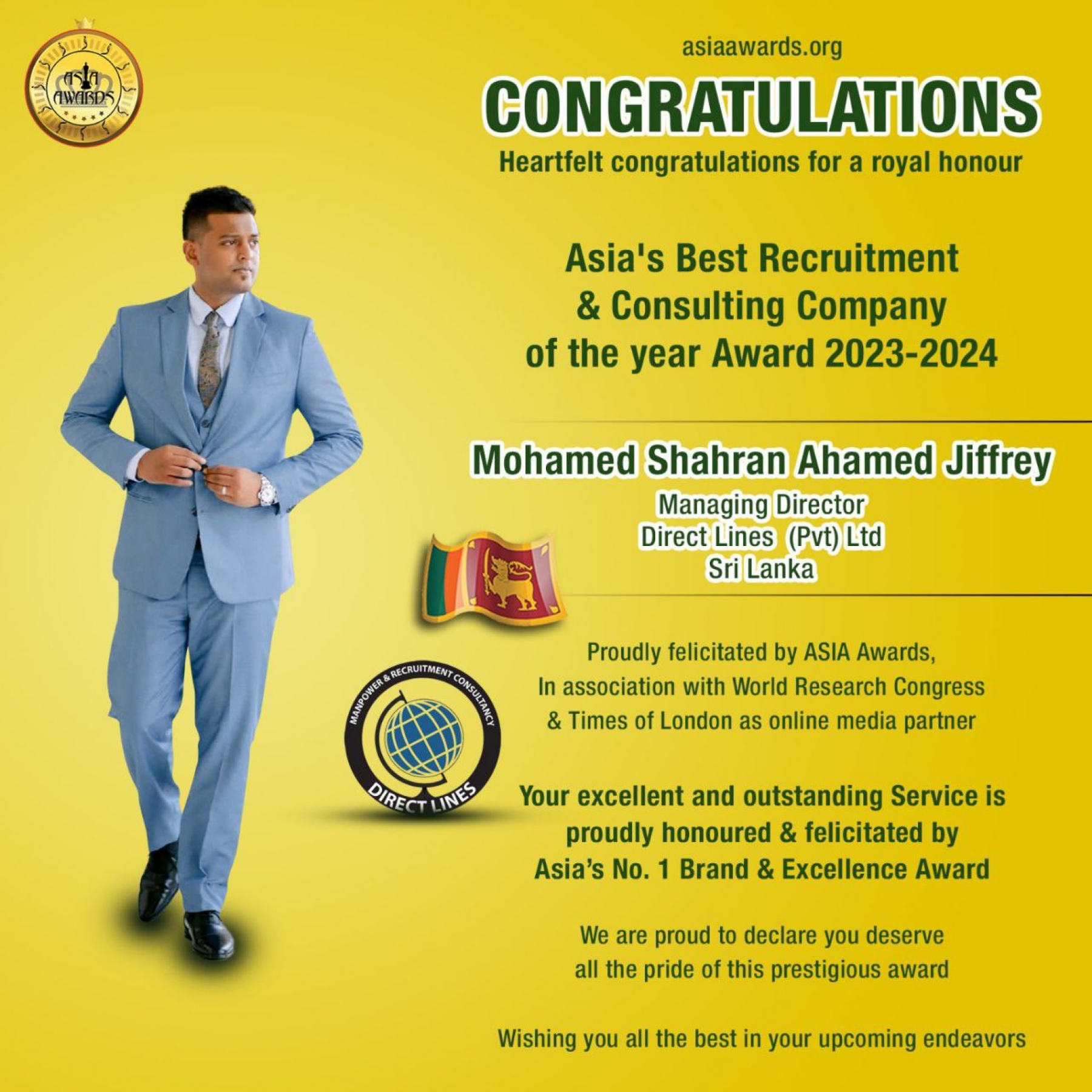 Mohamed Shahran Ahamed Jiffrey Has bagged Asia's Best Recruitment and Consulting Company of the Year Award
